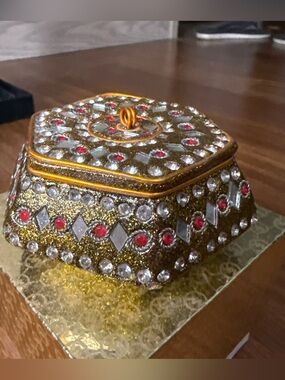 Vintage Jeweled Golden Lidded Trinket Jewelry Box Boho Hexagon India - 3" x 3"